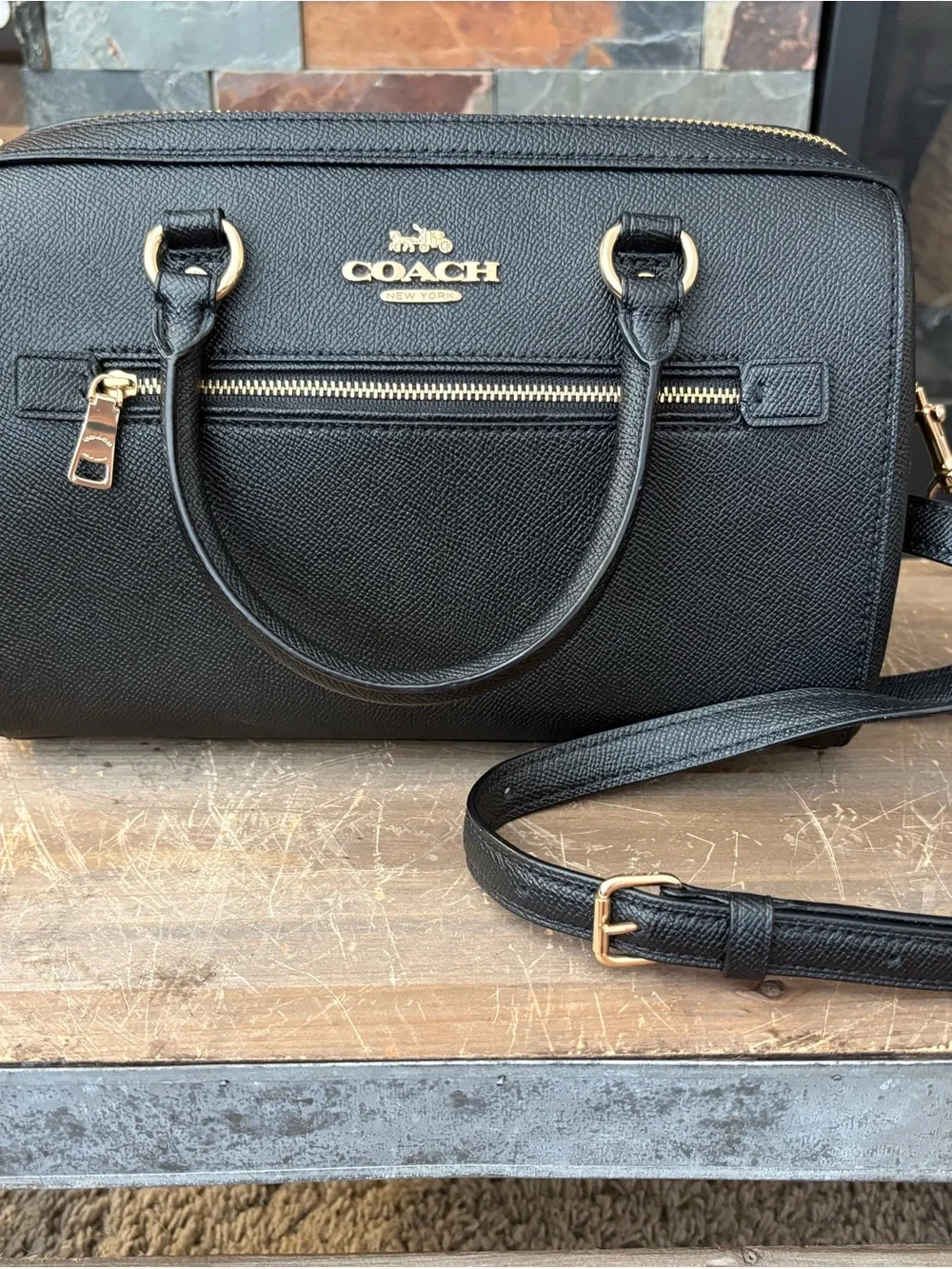 COACH Black Pebbled Leather Dome Satchel with Gold Hardware